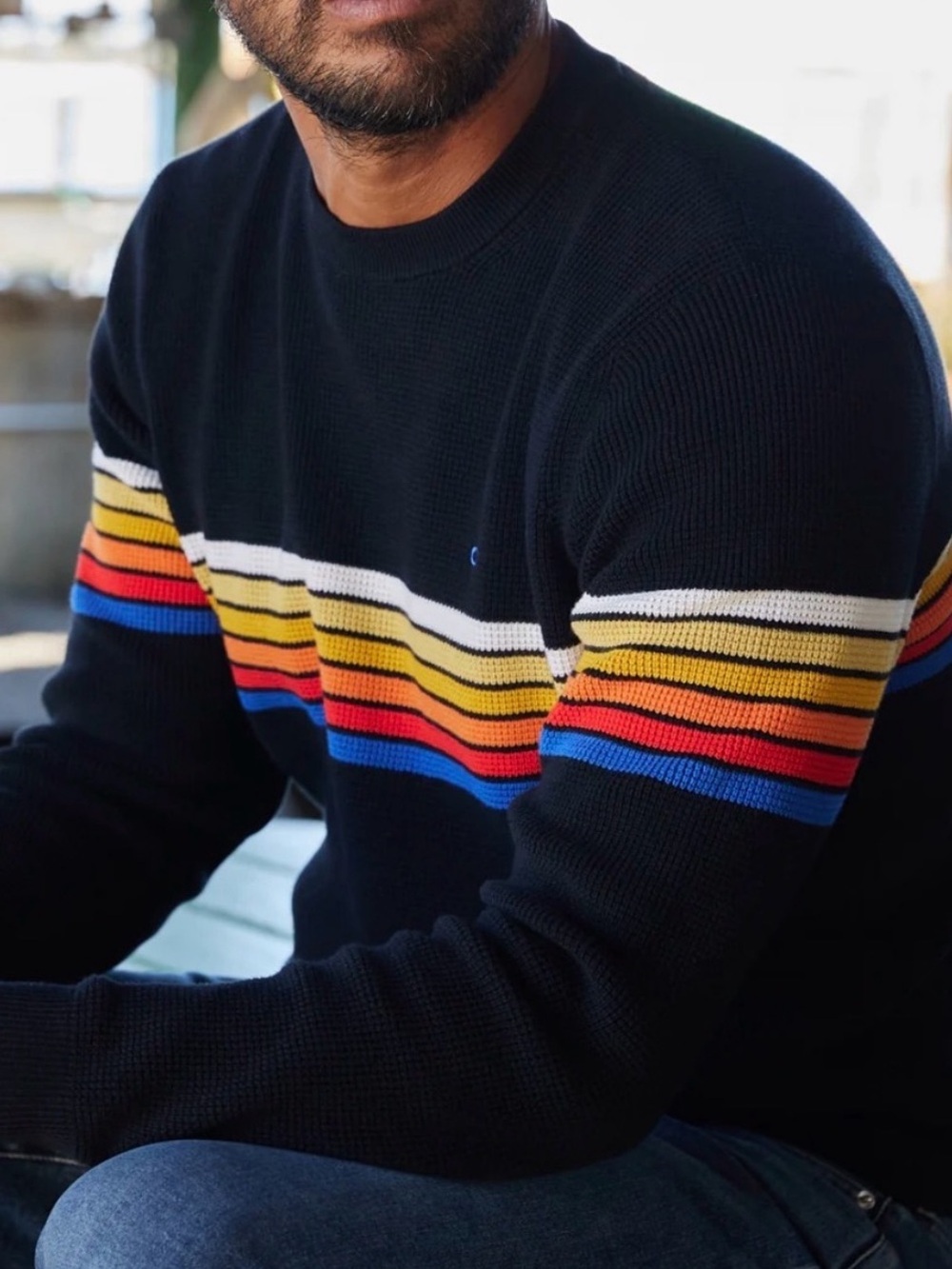 Outerknown Men's Nostalgic Crew Sweater Waffle Knit Multi Color Stripe Black M
